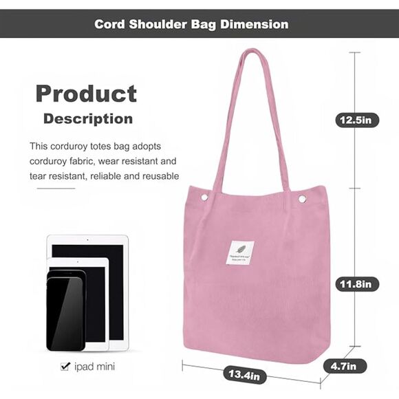 Women Pink Imported Corduroy Small Canvas Shoulder Handy Tote Bag - Picture 3 of 4